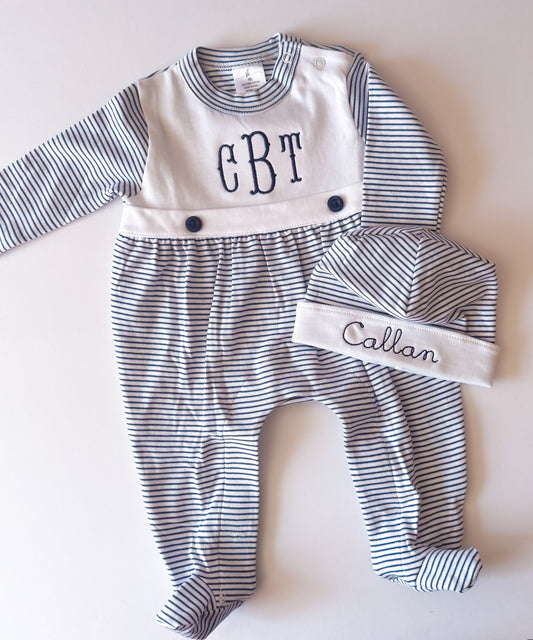 Navy Stripe Footie w/ Hat